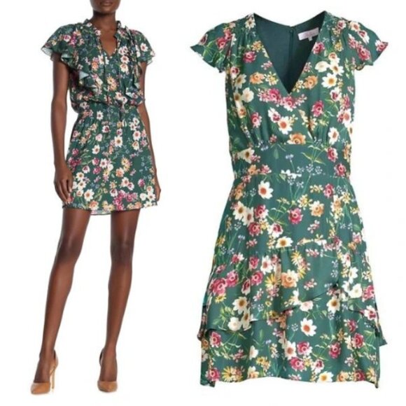 Parker Sloane Ruffle Floral Print Silk Blend Mini Dress Cacti Daisy 13741 - Picture 1 of 13